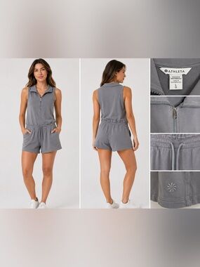 Athleta Retroterry Romper Women’s Large Gray Sleeveless Quarter Zip Drawstring